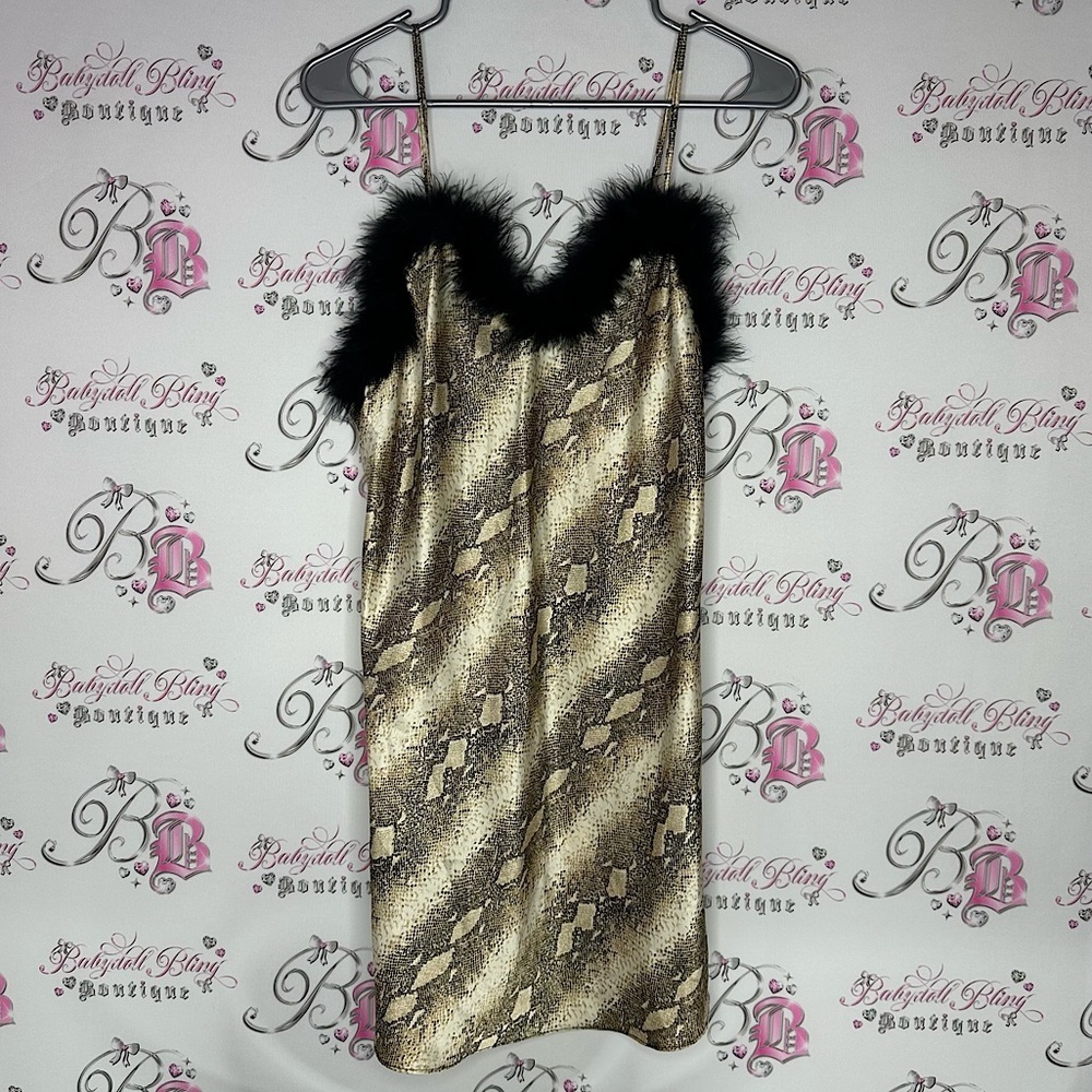 Cinema exoile fur Snake Print Dress Black Fur Trim furry feathers